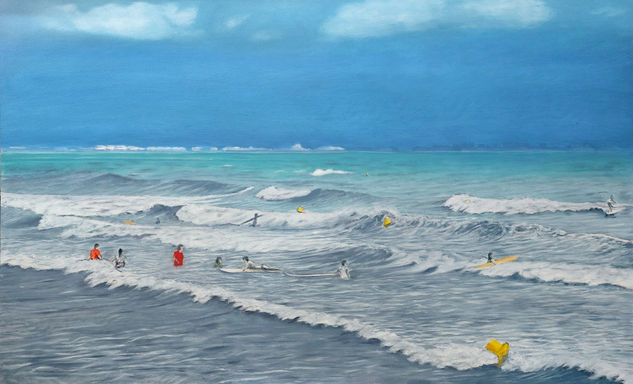 SURFISTAS CON BORRASCA Óleo Tabla Marina
