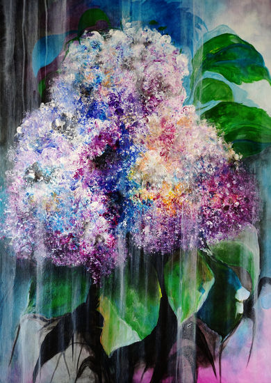 Fantasía Floral...Hortensias bajo la Llovizna Parte 3 Acrílico Tela Floral