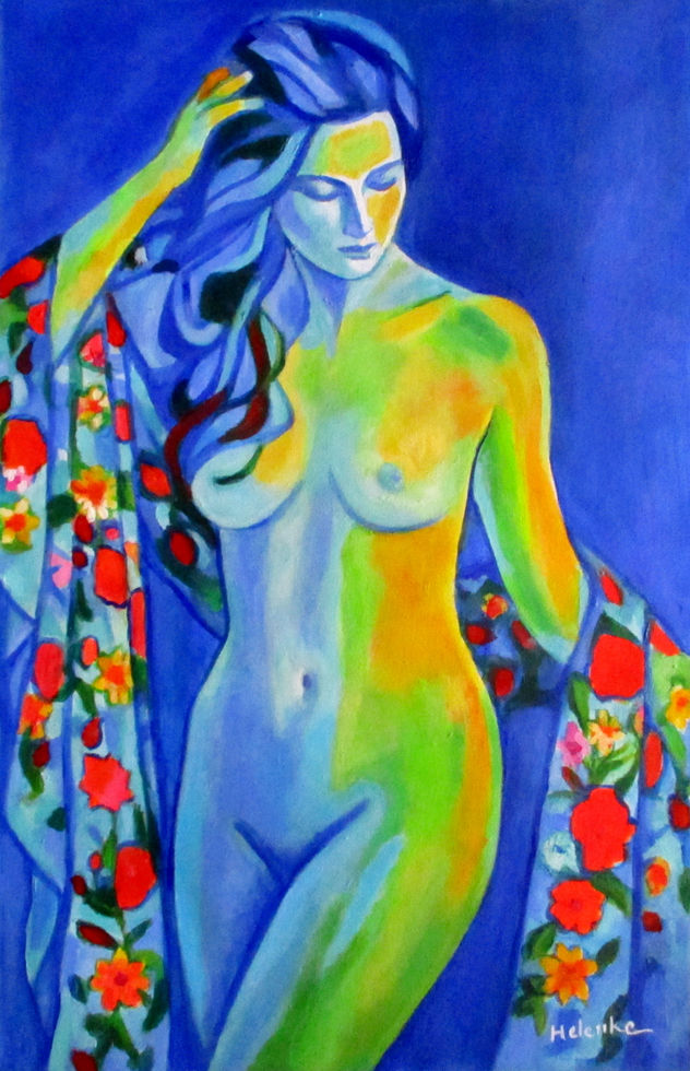 "Blue Nude With Floral Veil"