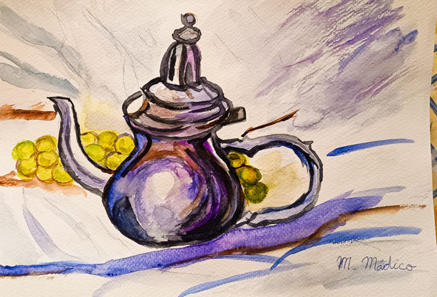 Tetera con Ramó de Uva Watercolour Paper Still Life Paintings
