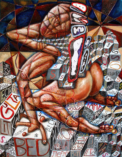 Mujer, sábana y cama Mixed media Canvas Nude Paintings