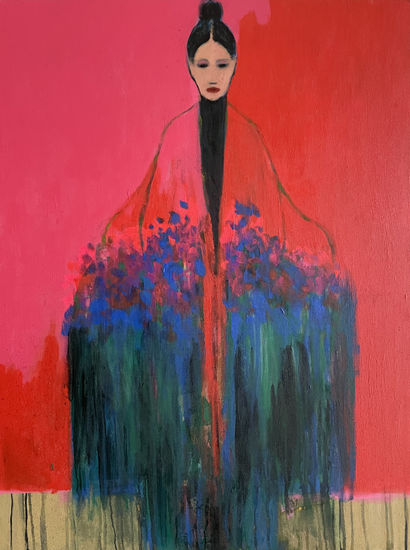 Mujer fuerte en flor Media Mixta Lienzo Desnudos