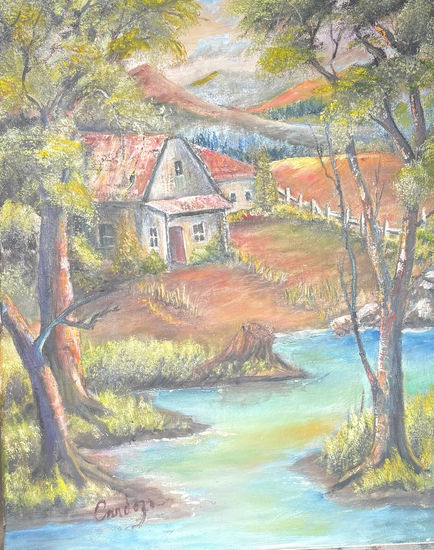 Cottage by the river Oil Canvas Landscaping