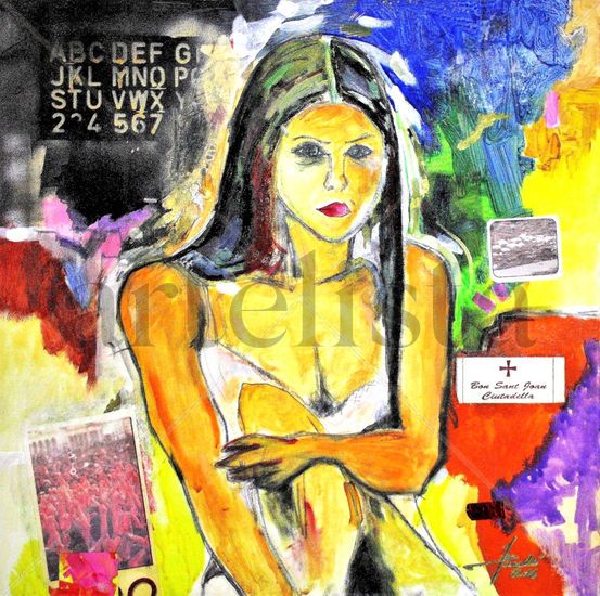 La mujer que espera las fiestas de San Juan. Media Mixta Tela Figura