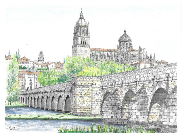 Salamanca, puente romano Mixed media Paper Landscaping