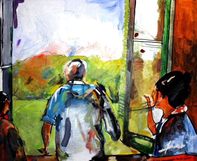Respirando aire puro con 2 asistentas peruanas. A sus espaldas. Media Mixta Tela Figura