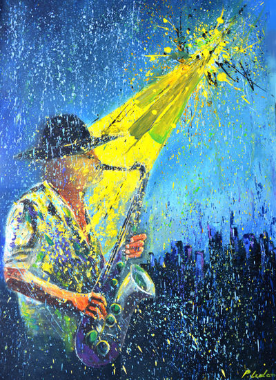 Playing sax in the rain Oil Canvas Others