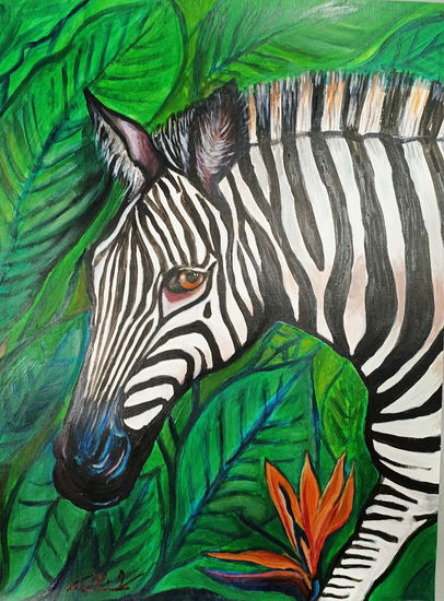 Cebra y flor ave del paraíso. Acrylic Canvas Animals