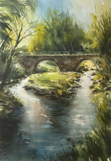 rio luna Acuarela Papel Paisaje