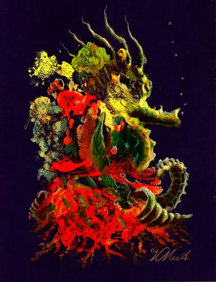 Coral de fuego con hipocampus Óleo Cartulina Marina