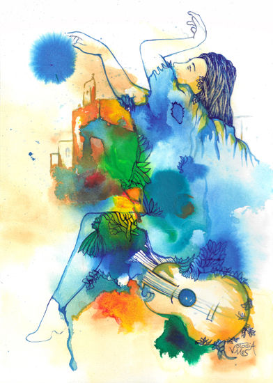 Flamenco a los pies de la Alhambra III Acrylic Card Figure Painting