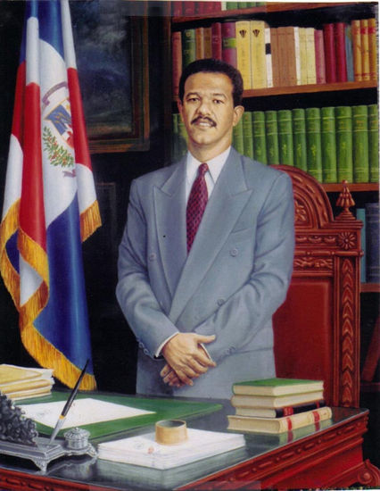 Exmo. Sr. Presidente de la República Dominican Dr. Leonel Fernandez Oil Textile Portrait