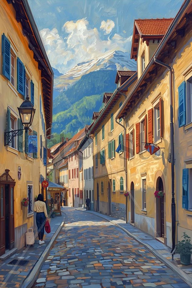 Calle soleada en los  Alpes