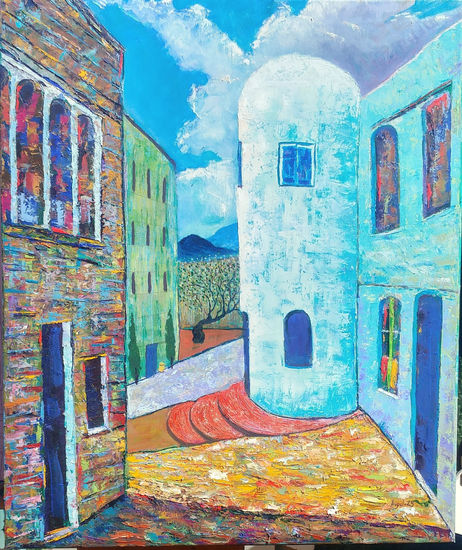 Calles de Mojacar. Óleo Tabla Paisaje