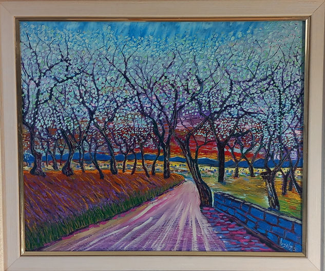 Paseo bajo los almendros. Óleo Lienzo Paisaje