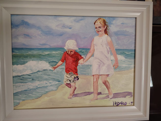 niños paseando por la playa Oil Canvas Marine Painting