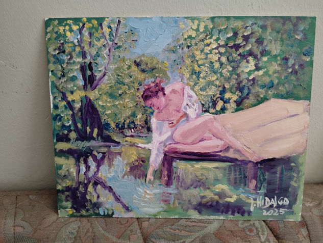 mujer en el estanque Oil Panel Landscaping