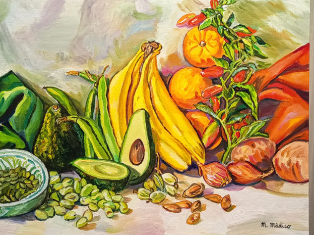 Bodegón ,con Plátanos ,aguacates, habas Oil Panel Still Life Paintings