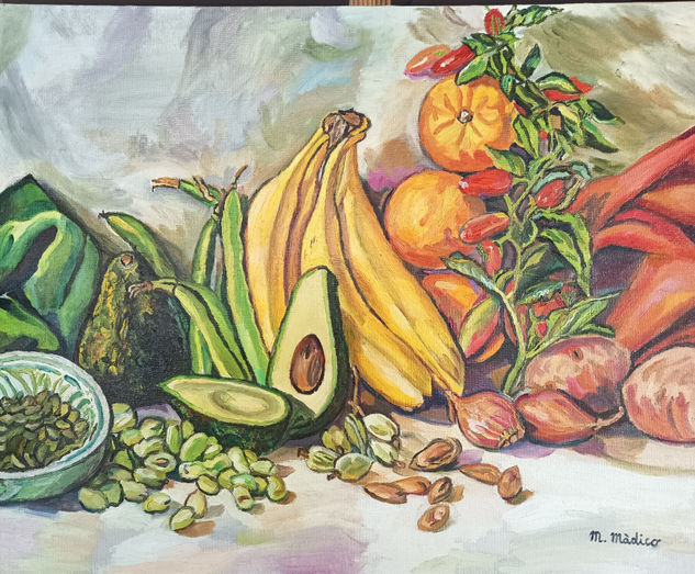 Bodegón ,con Plátanos ,aguacates, habas Oil Panel Still Life Paintings