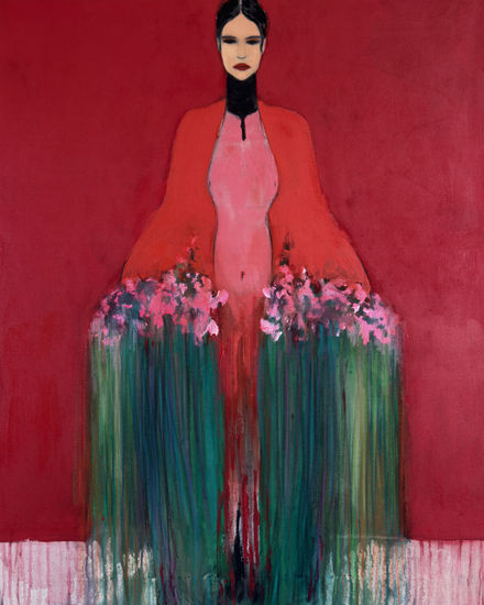 Girl with a Bouquet Media Mixta Lienzo Floral