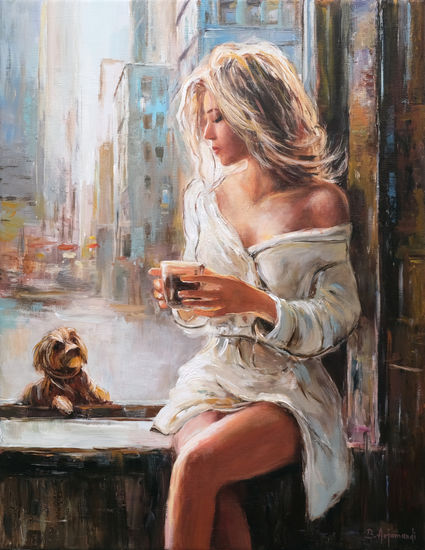 Morning Silence in the City Oil Canvas Figure Painting