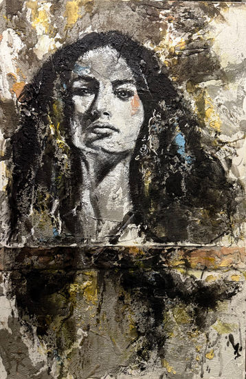 Entre sombras: Retrato expresionista de fuerza, identidad y renacimiento femenino en arte contemporáneo abstracto pintado a mano Acrílico Lienzo Retrato