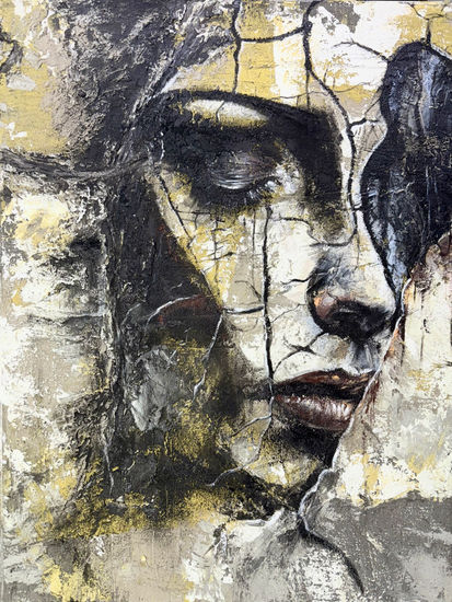 Fragmentos del alma II: pintura contemporánea en técnica mixta pintado a mano, rostro femenino con texturas, abstracción y realismo Acrylic Canvas Figure Painting