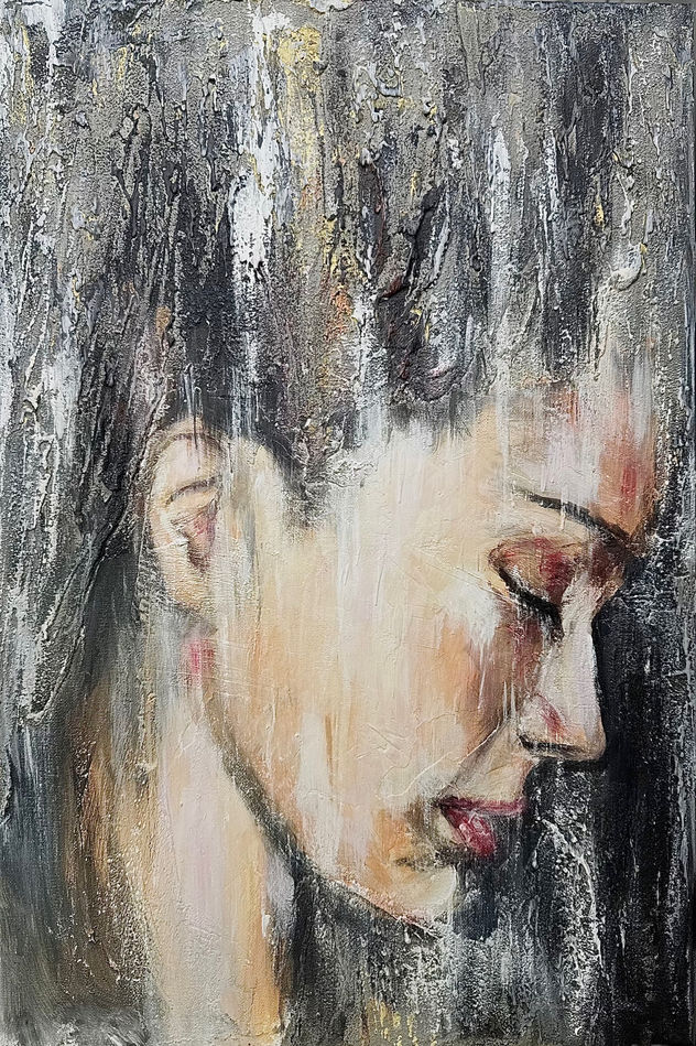 Silencio Interior, retrato femenino en perfil, técnica mixta con acrílico pintado a mano, arte abstracto realista,textura expresiva original