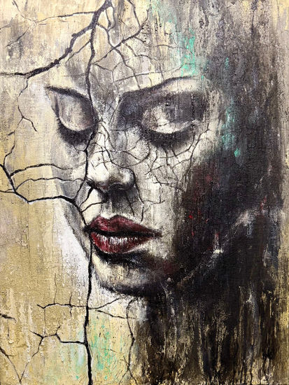 Fragmentos del alma : pintura contemporánea en técnica mixta pintada a mano, rostro femenino con texturas y realismo abstracto Acrílico Lienzo Retrato