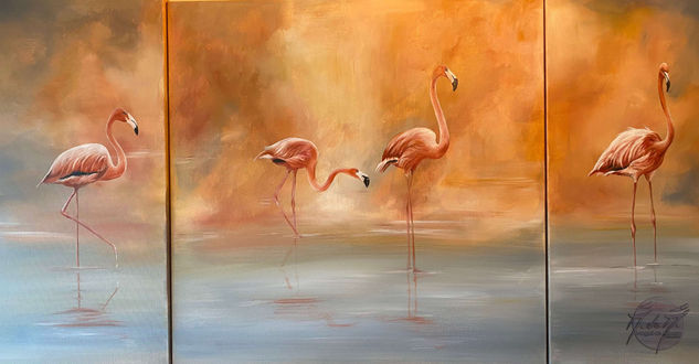 Tripyque de flamands rose Oil Canvas Animals
