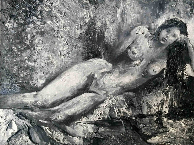 Soñadora. Serie grises Oil Textile Nude Paintings