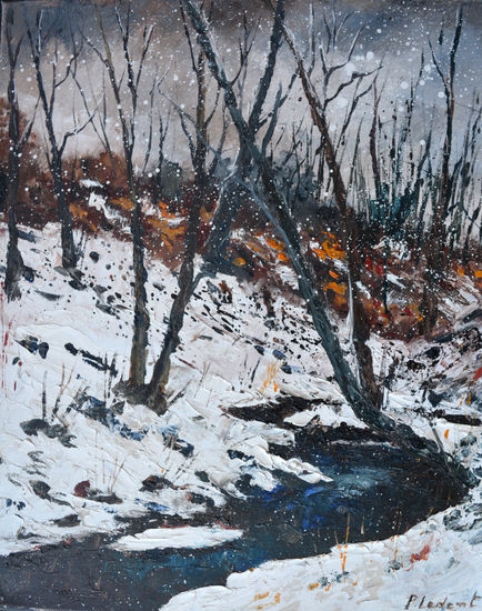 Little river in the  snow Oil Canvas Landscaping
