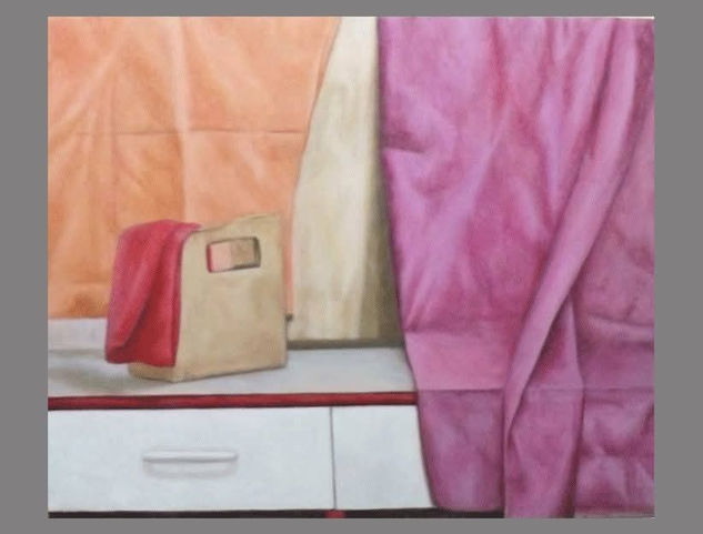 Oculto ,tapado ,con velos coloridos ,para cagarte con gracia. Óleo Lienzo Bodegones