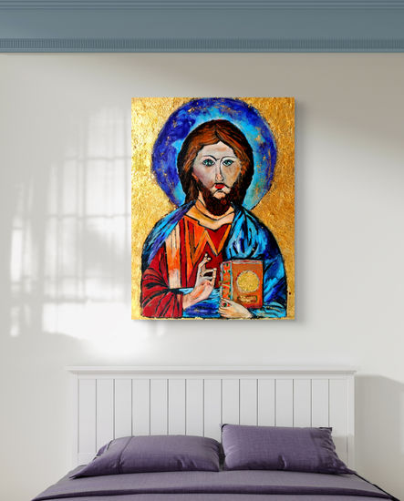 Cristo Pantocrátor Oil Panel Portrait