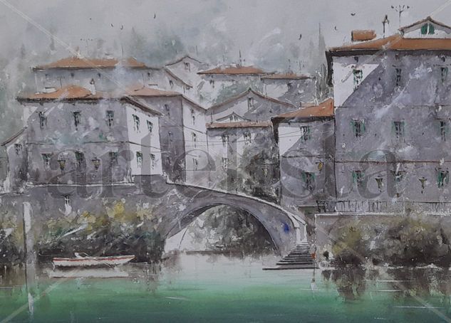 Puente en el lago Acuarela Papel Paisaje