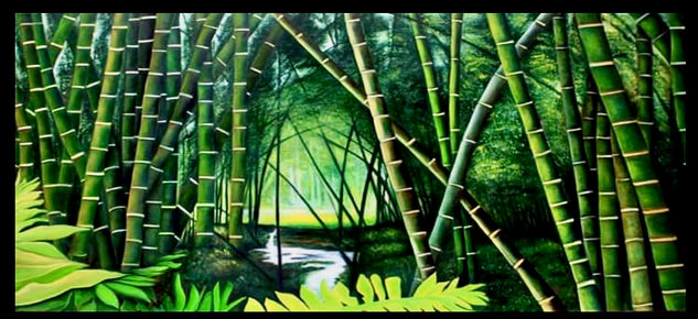 Camino entre susurros verdes: El bambú se convierte en voz y silencio Óleo Tela Paisaje