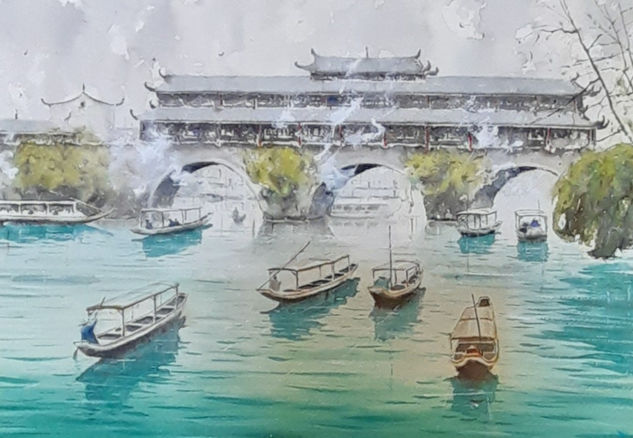 Río China Acuarela Papel Marina