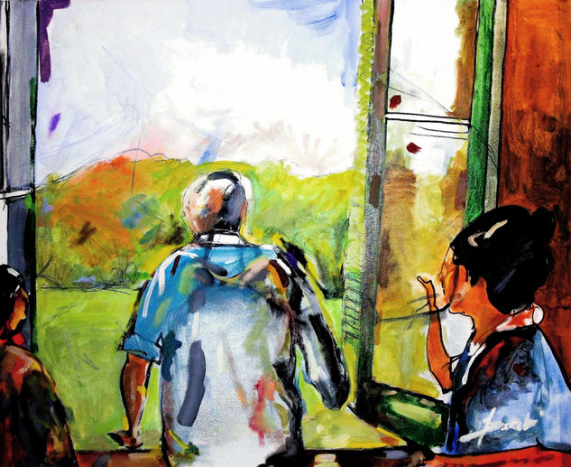 La ventana y el viejo verde. Oil Canvas Portrait
