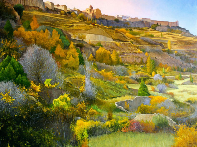 Cantavieja desde la vega: paisaje otoñal realista