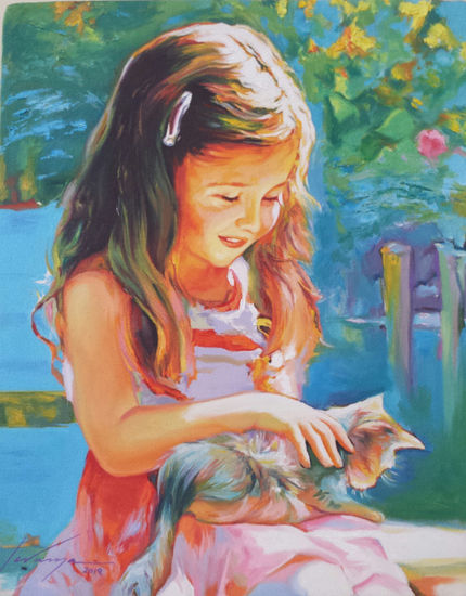 Niña con gato Oil Canvas Animals
