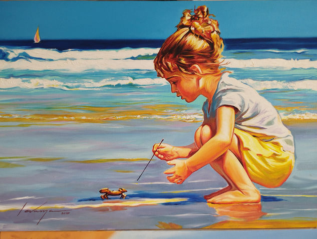 Niña con cangrejo Óleo Lienzo Paisaje
