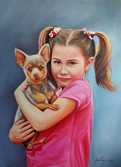 Niña con chihuahua Oil Canvas Portrait