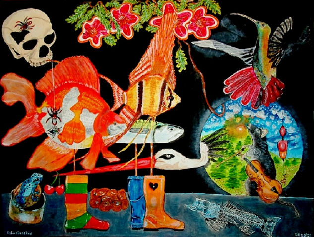 Tres peces viajan por una tubería de alcantarillado. Acrílico Lienzo Otros