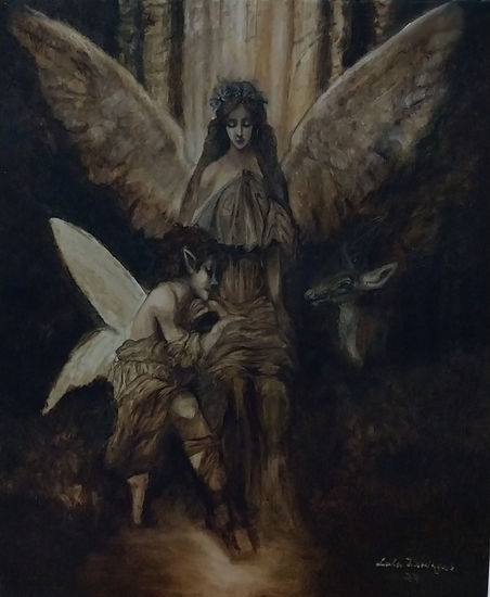 Angel and the Golden Fairy Oil Canvas Figure Painting