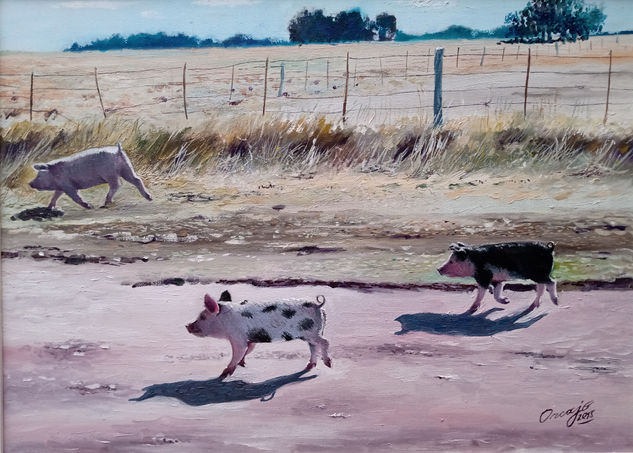 los Tres Cerditos Óleo Lienzo Animales