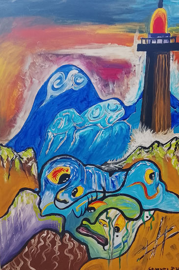 Las olas y el faro Acrílico Lienzo Marina