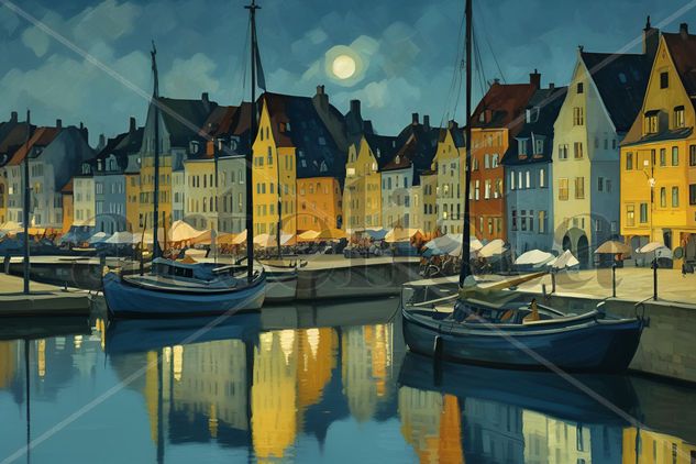 Puerto nocturno Reflejado 