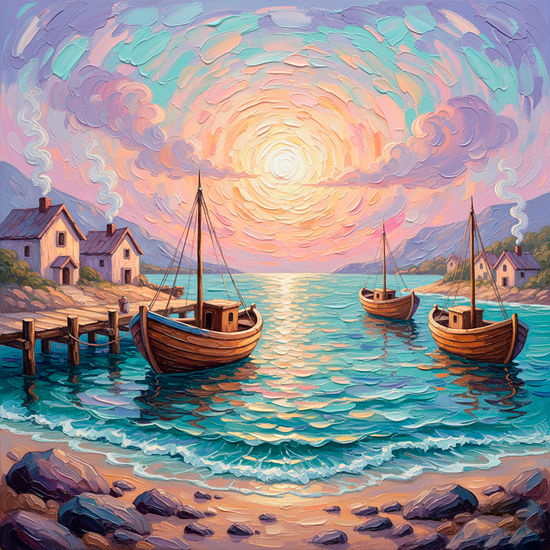 Atardecer en la aldea de los tres botes Naturaleza Color (Digital)