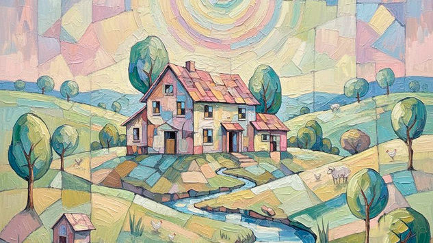 Casa en el valle de círculos suaves Naturaleza Color (Digital)