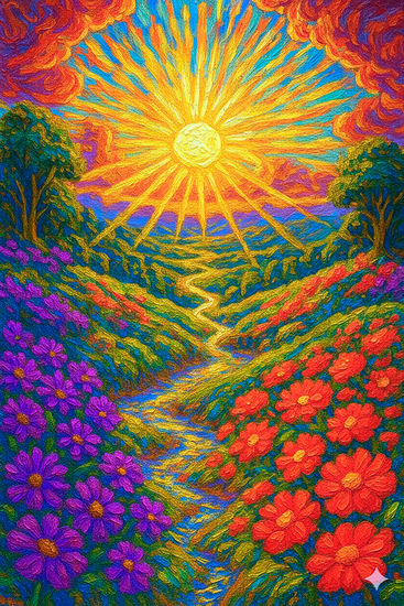 Valle solar entre flores vivas Naturaleza Color (Digital)